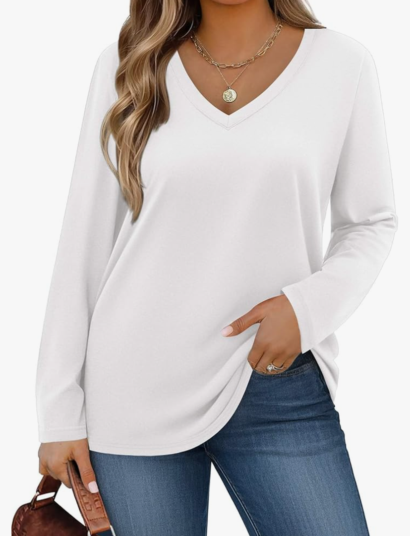 IN'VOLAND Womens Plus Size Long Sleeve Shirts V Neck Basic Tee Tops Loose Fit Fall Outfits for Women 5X White