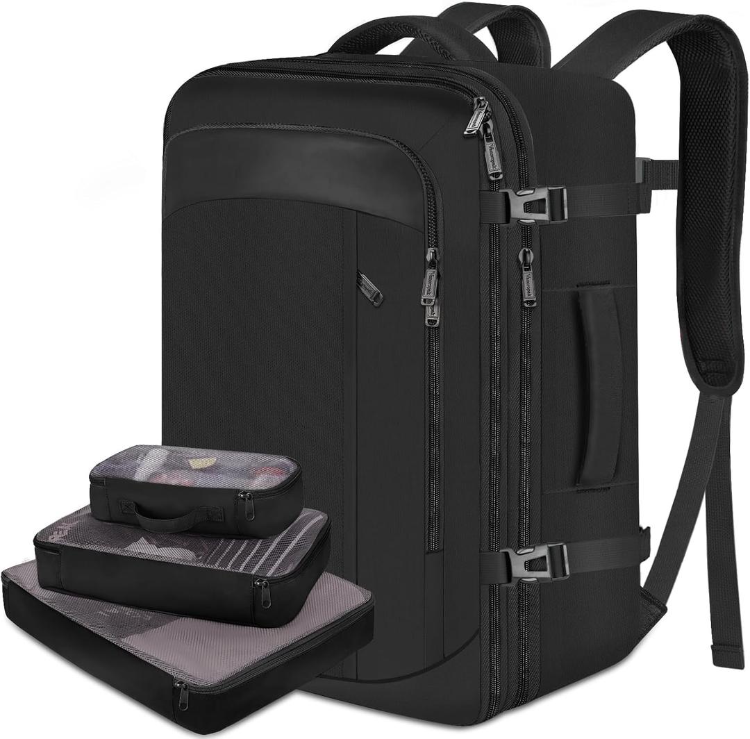 Vancropak Travel Bag, Extra Large 40L Carry on Backpack with 3 Packing Cubes Airline Approved for Men Women, Expandable Luggage Weekender Overnight Business Backpack, Gifts for Travelers, Black