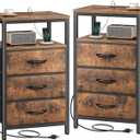 Huuger Nightstands Set of 2, 27.6 Inch End Tables with Charging Station, Fabric Drawers, Bedside Tables with USB Port and Outlet, Night Stands for Bedroom, Rustic Brown