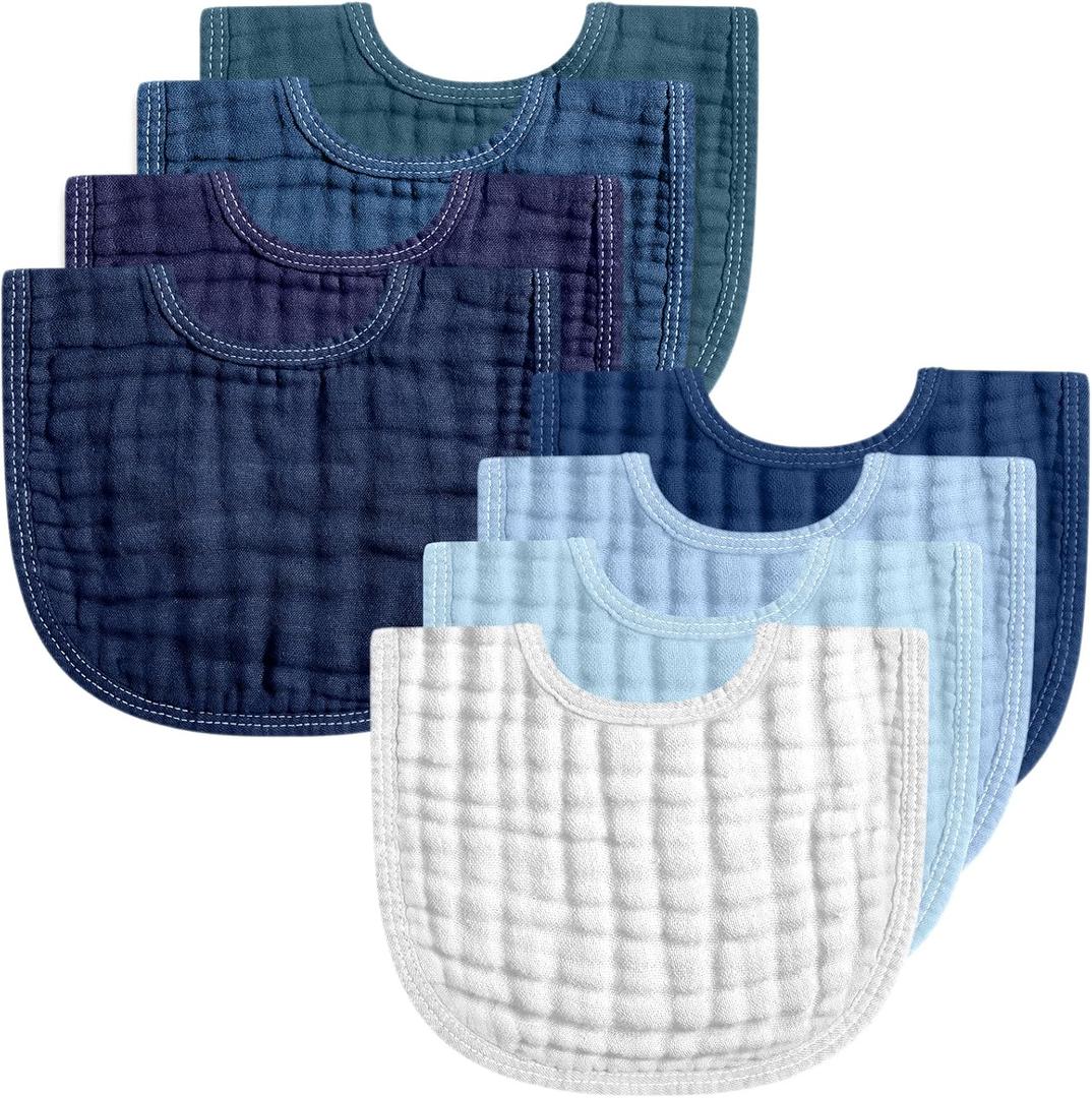 Frienda 8 Pcs Muslin Baby Bibs Cotton Bandana Drool Bibs Bulk for Newborn Infant 6 Absorbent Layers Feeding Accessory (Blue Colors)