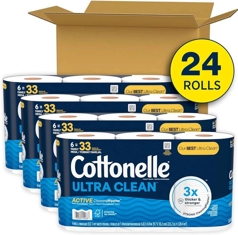 Cottonelle Ultra Clean Toilet Paper, 24 Family Mega Rolls, Active CleaningRipple
