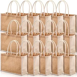 Reginary 16 Pcs Jute Tote Gift Bags Natural Burlap Grocery Shopping Bag Beach Tote with Handle for Bridesmaid Wedding Travel