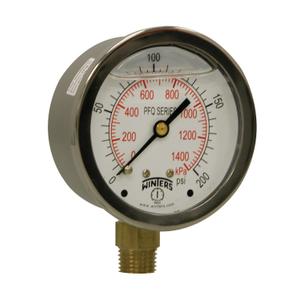 Winters 2-1/2" Dial Size, Liquid Filled Industrial Pressure Gauge, Brass Internals, 304 Stainless Steel Case, Dual Scale 0-200 psi/kPa, 1.5% Acc, 1/4" NPT Bottom Mount, Glycerin Filled Pressure Gauge