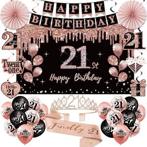 21st Birthday Decorations for Her, 33pcs 21 Crown and Sash, Black Rose Gold Happy 21st Birthday Banner Balloons Backdrop Hanging Swirls Paper Fans, 21 Years Old Party Decorations Kit