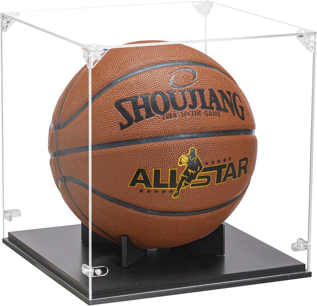 Basketball Display Case, Thickened UV Protection Clear Acrylic Lid Basketball Holder, Wooden Basketball Base Stand for Autographed Ball and Memorial Gift