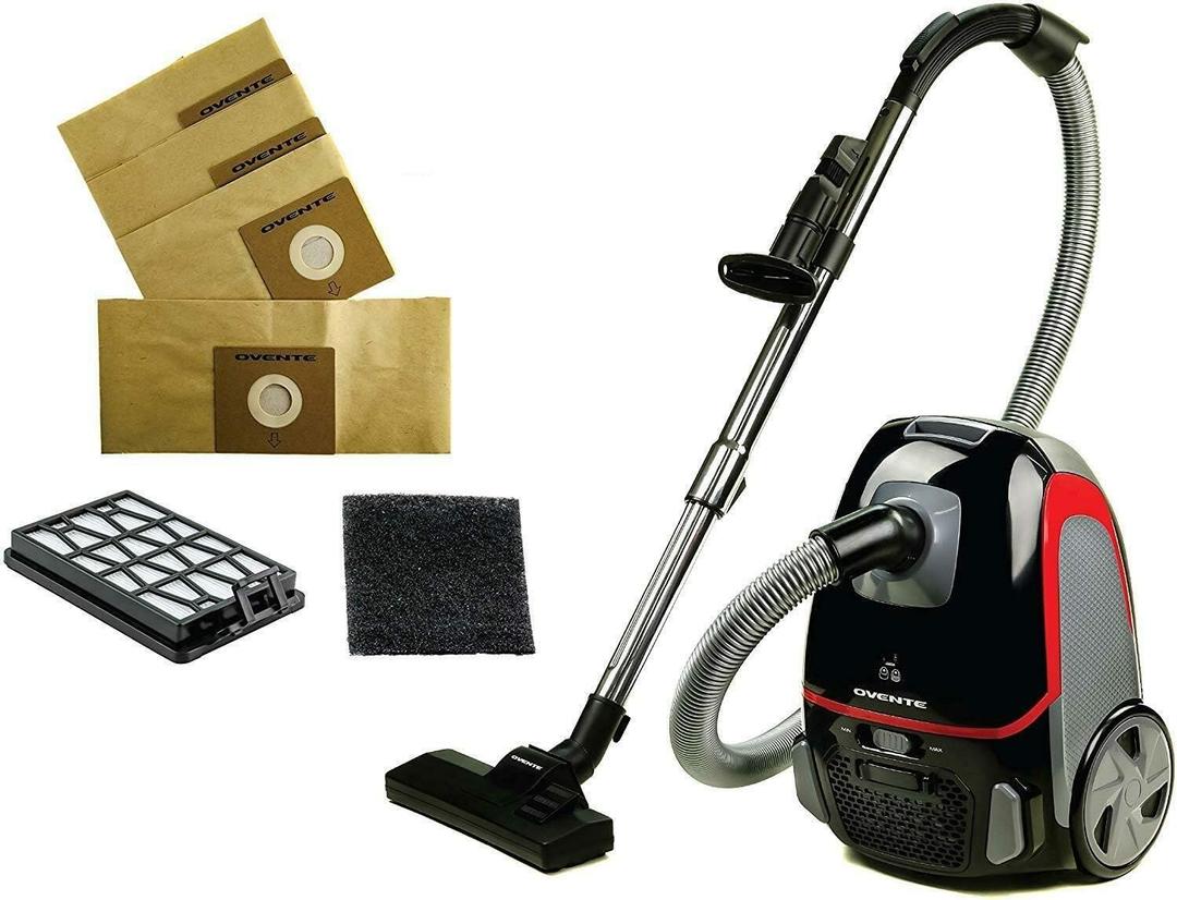 OVENTE Canister Upright Vacuum Cleaner with 1400W Powerful Suction, Telescoping Wand and Automatic Cord Rewind, Lightweight Cleaning Machine for Hard Floors and Carpets, Black ST1600B + ACPST16041