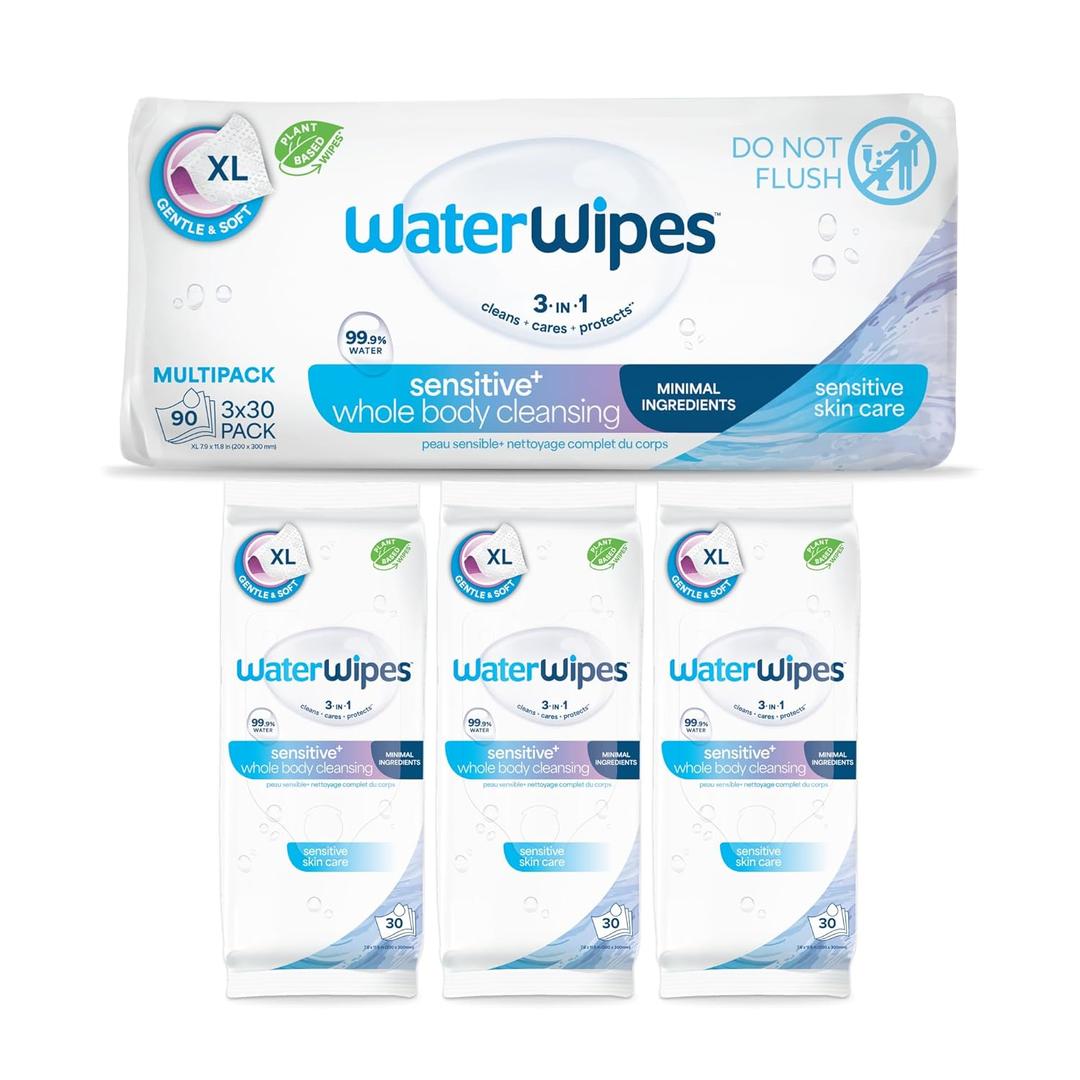 WaterWipes Sensitive Whole Body Cleansing Wipes, 99.9% Purified Water, XL Textured Wipes, Incontinence Care, Fragrance Free, 90 Count (30 Count (Pack of 3))