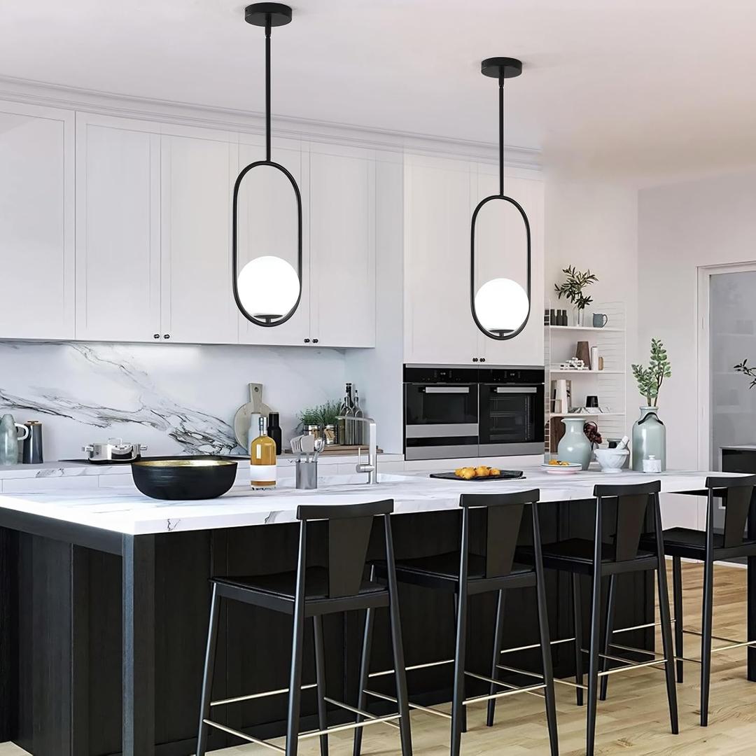 Black Pendant Lights Kitchen Island Lighting with Globe Glass Shade, 2-Pack Kitchen Chandeliers Over Table, Farmhouse Light Fixtures for Kitchen Island, Dining Room, Foyer, Hallway, Bedroom, Entryway, 15.75 inch