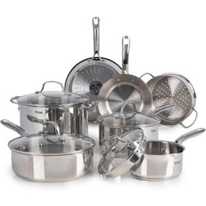 T-fal Stainless Steel Cookware Set 11 Piece, Induction, Oven Broiler Safe 500F, Kitchen Cooking Set w/Fry Pans, Saucepans, Saute Pan, Dutch Oven, Steamer, Pots and Pans, Dishwasher Safe, Silver