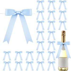 Riceshoot 24 Pcs Satin Ribbon Twist Tie Bows 5x7'' Large Decorating Ribbon Gift Bows Christmas for Gift Wrapping Champagne Bottle Cake Treat Bag Wedding Birthday Party Decoration(Baby Blue)