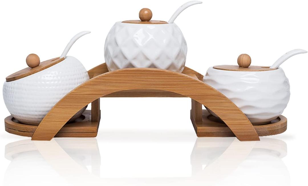 Porcelain Condiment Jar Spice Container with Bamboo Lids & Tray, Ceramic Serving Spoon, Set of 3, White, 170ML(5.8 OZ), Perfect Spice Storage for Home, Kitchen