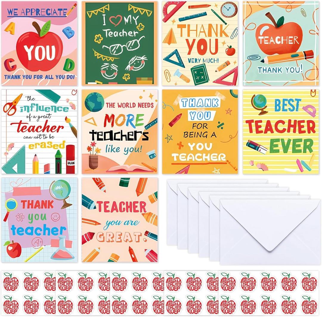 VDESFUEBY Pack of 50 Teacher Appreciation Cards in Bulk with Envelopes and Stickers 10 Colorful Designs Thank You Teacher Cards for Appreciation Gifts, Students, & End-of-Year Thank You Notes