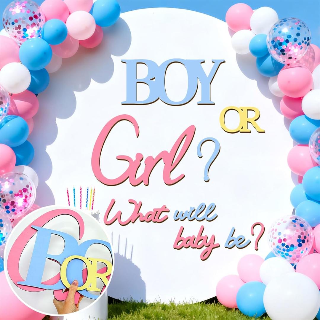 Large Wooden Boy or Girl Signs Gender Reveal Party Decoration Ideas Decals for Balloon Arch Oh Baby Shower Letters Sign He or She What Will Baby Be Stickers for Backdrop Pregnancy Banner Photo Props