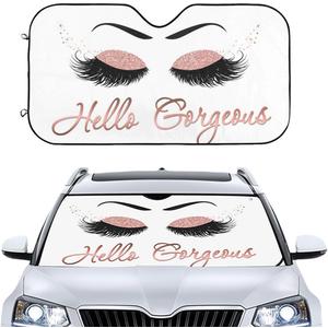 Womens Cute Pink Car Front Windshield Sun Shades, Sparkling Eyelash Auto Window Sunshade, Summer Sun UV Rays Blocker Visor Protector, Folding Sun Visor Shield Keep Your Vehicle Cool 51x27.5 in