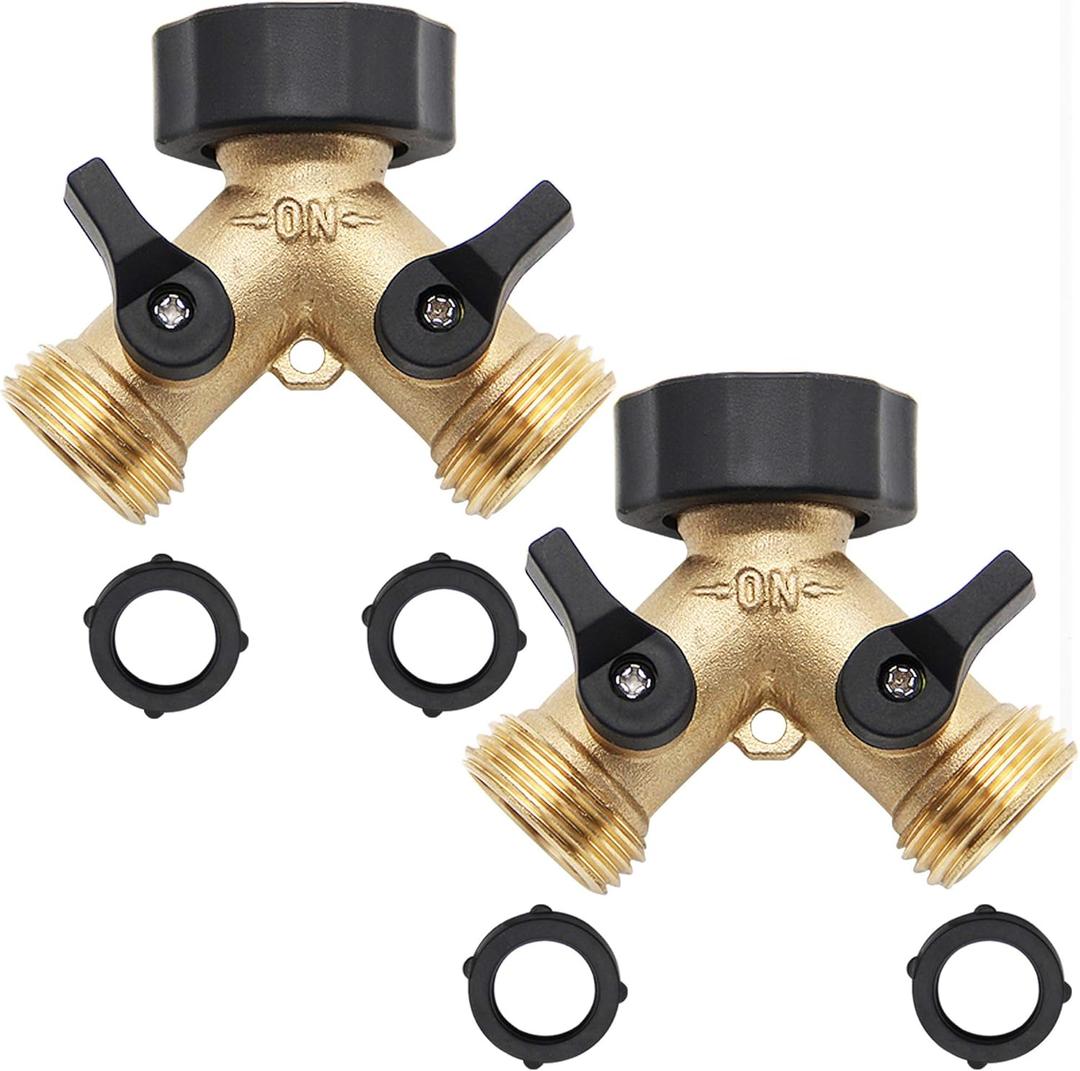 2 Way Brass Hose Splitter, 3/4" Brass Hose Connectors, Y Connector Garden Hose Adapter Connector, 2 Pack