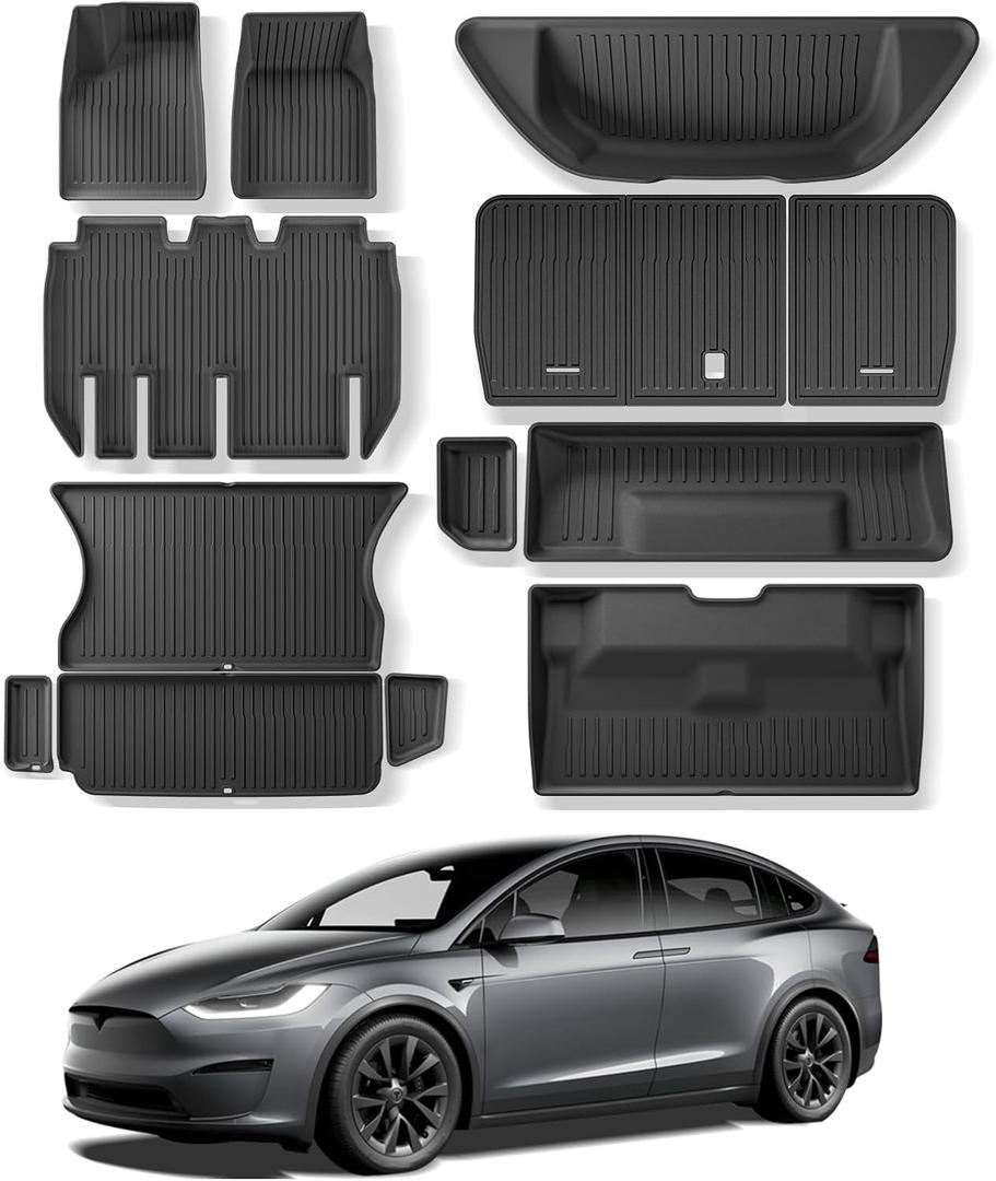LUCKEASY for 2022-2025 Tesla Model X 5Seat New Floor Mats Full Set 5-Seat Best TPE Anti-Slip Waterproof 13pcs/Set Black(5 Model X 13PCS) (13pcs 5-Seat Foot Trunk Frunk Backrest Lower Mat)