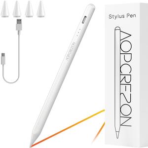 AOPCREZON Stylus Pen for iPad, Palm Rejection Tilt Sensitivity Fast Charging Pencil Work for 2018 Or Later iPad 10/ 9/ 8/ 7/ 6th Gen, Pro 12.9&11", Air 5th/ 4th/ 3rd Gen, 4 Replacement Nibs (White)