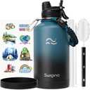 [2-IN-1 LID] 64 oz Insulated Water Bottle with Silicone Boot (48hrs Cold/24hrs Hot) - DIY Stickers, Leakproof, BPA Free, Half Gallon (Cyan Black)