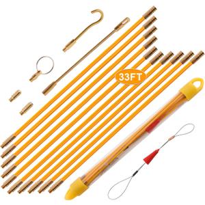 KOOTANS 33FT Fiberglass Running Electrical Wire Cable Glow Rods Wire Pulling Tools Fish Tape Wire Puller Through Wall Cable Snake Fish Rods Kit with Different Attachments