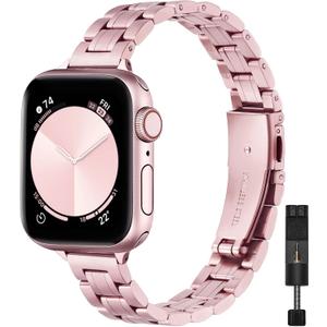 STIROLL Thin Replacement Band Compatible for Apple Watch 38mm 40mm 41mm 42mm(Series 11 10), Stainless Steel Metal Wristband Women Men for iWatch Ultra SE Series 9 8 7 6 5 4 3 2 1, Rose Pink (No Case)