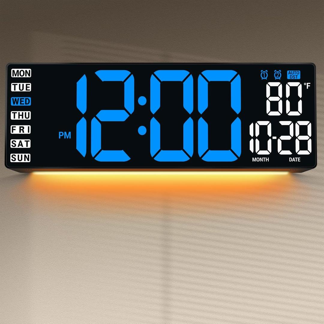 16.5" Large Digital Wall Clock with Remote Control, Auto-Dimming LED Display with Date Temp, Big Number Wall Mount Decor Clock for Seniors, Classroom, Dorm, Home, Office, Gym Blue