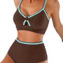 Herseas Women's Textured Bikini Sets O Ring Swimsuits Whip Stitch High Waisted Bathing Suits 2026 Summer Beach Wear (Brown, L)