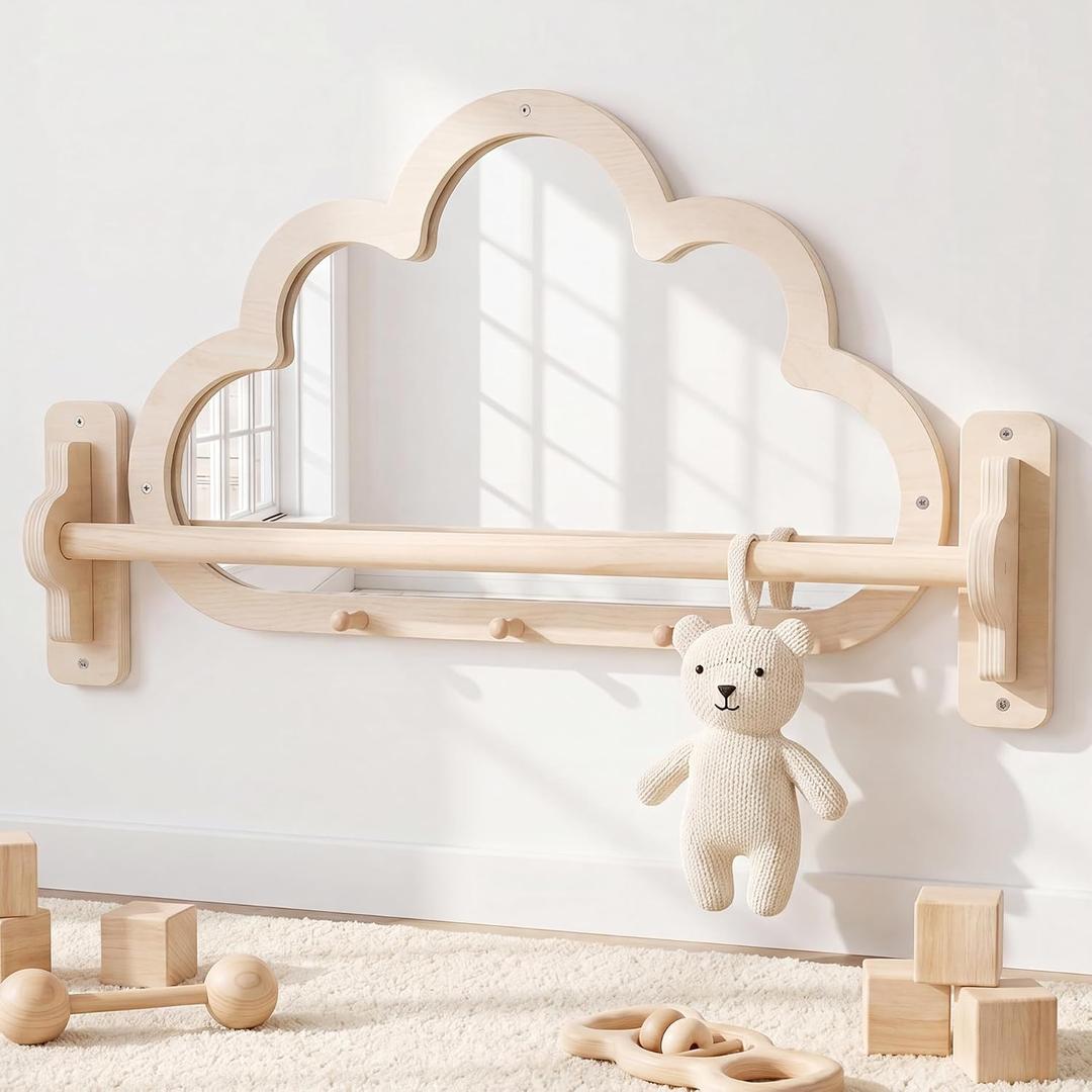 Montessori Baby Mirror with Pull Up Bar, Shatterproof Toddler Pull to Stand