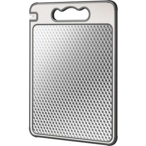 Double Sided 304 Stainless Steel & Wheat Straw Cutting Board, 16"*11" Non Toxic Lightweight Chopping Board, Separately Handle Meat and Vegetables, Dishwasher Safe, Scratch Resistant Mesh Design (Gray)