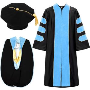Wesiti Unisex Deluxe Doctoral Graduation Gown with Hood Side Tam Academic Faculty Regalia Robe (Size 51, Sky Blue)