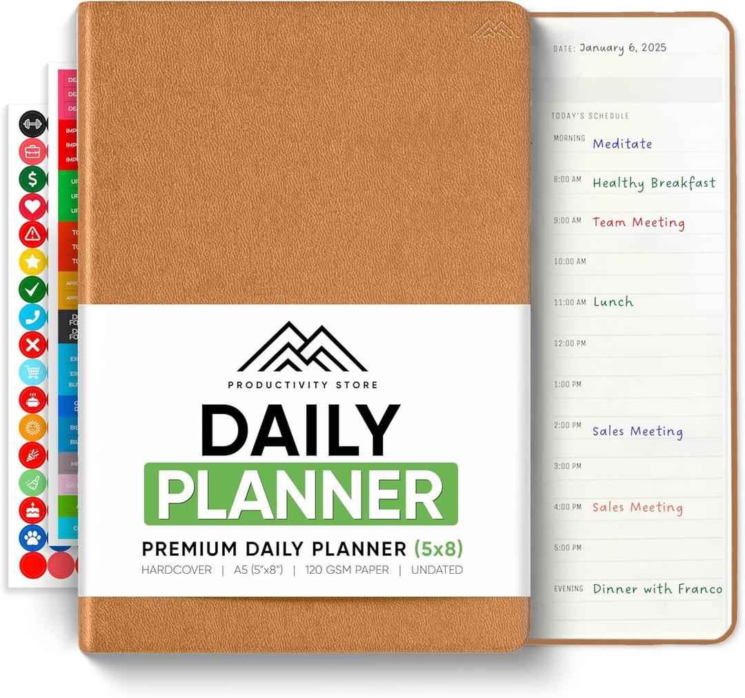 Daily Planner 2026 (5" x 8") - The Ultimate Daily Workflow Planner with Hourly Schedule & Task List to Achieve Your Goals by PRODUCTIVITY STORE (A5, Brown)