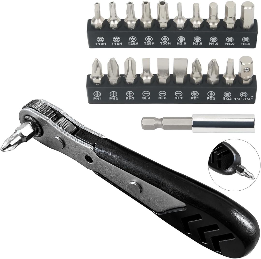 STREBITO Mini Ratchet Set, 22-Piece 1/4 Ratchet Right Angle Screwdriver, 36-Tooth Small Ratcheting Wrench Bit Ratchet For Tight Spaces, with Phillips, Slotted, Torx, Hex, Square and Adapter for Socket
