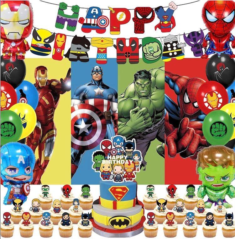 xisudwwdj 55 Pcs Hero Party Decorations,Birthday Decorations Include Banners,Cake Topper,Cupcake Topper,Latex Balloon,Shaped Aluminum Balloon,Backdrop Super Movie Theme Party