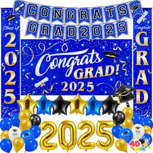 JOYIN Graduation Party Decorations Class of 2025 Blue, Grad Celebration Supplies Set with Backdrop Banner, Porch Sign, Balloons, Foil Number 2025, Hanging Strip for High School College Graduation