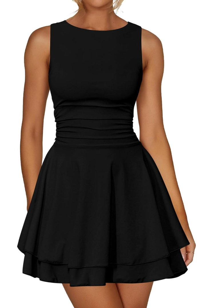 Kaximil Women's Ruffle Hem Boat Neck Mini Dress Sleeveless Ruched Corset Short Party Dresses Small