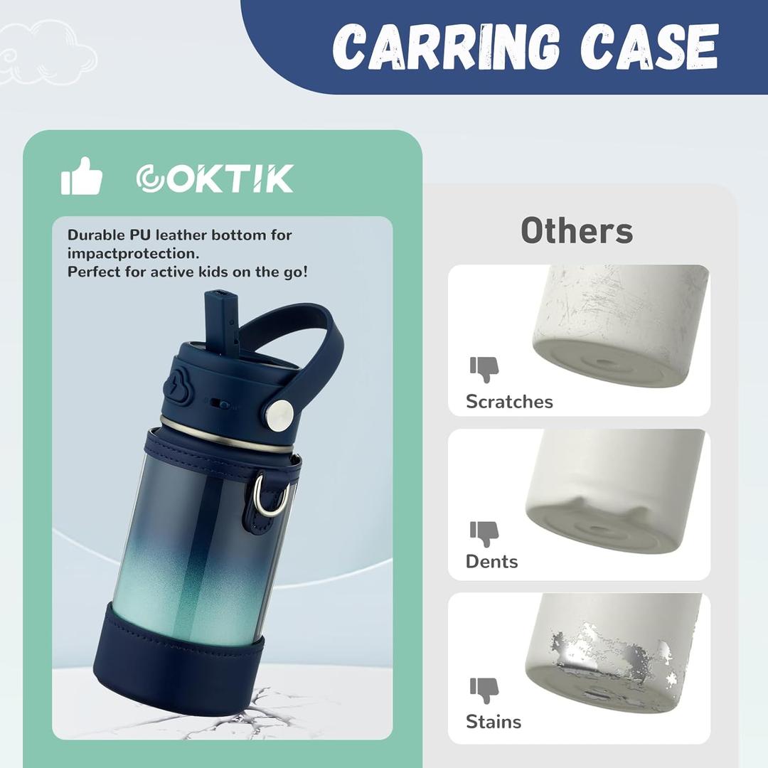 Kids Water Bottle with Straw, 14ated Stainless Steel Tumbler, Leak-Proof Locking Lid for School, Lunchbox, Outdoor Sports, Case with Shoulder Strap(1 Pack, Midnight Mint)