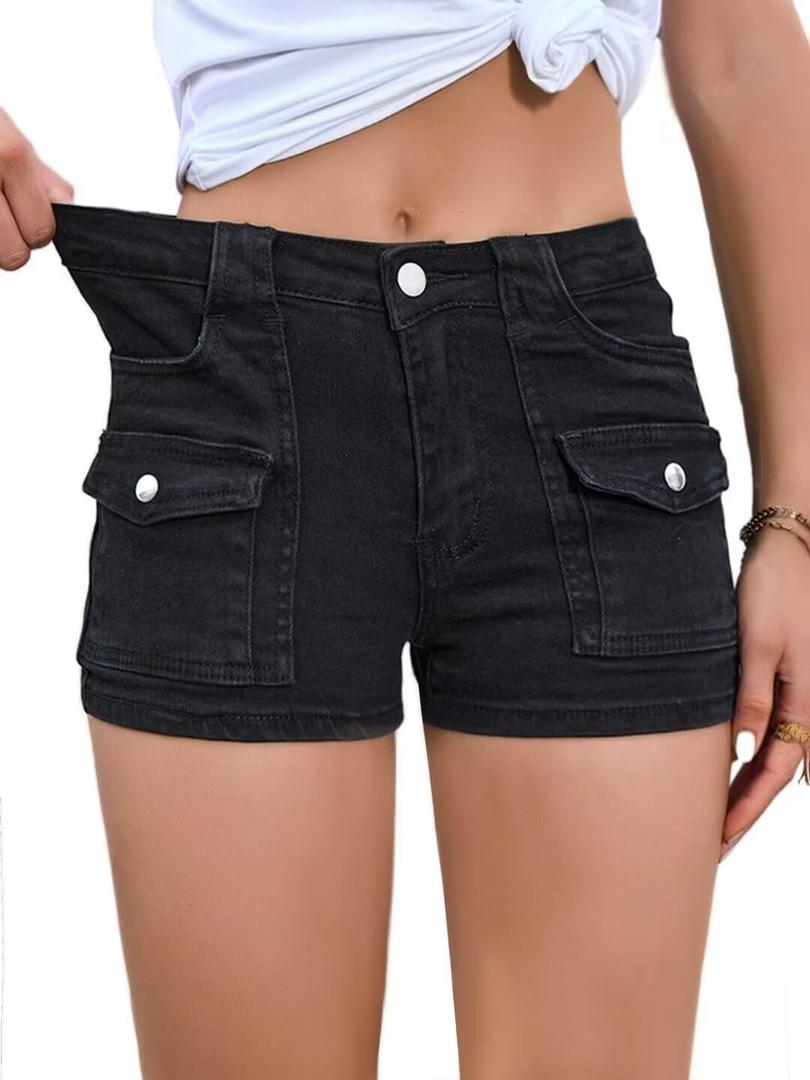 Women's Stretchy Jean Shorts Mid Waisted Twill Shorts Stretch Junior Booty Denim Shorts with Pockets Club Night (Black, Small)