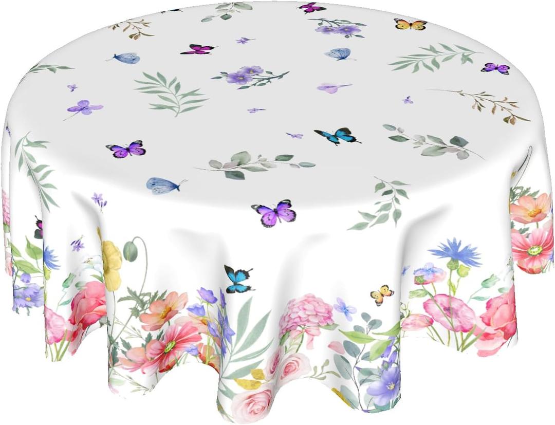 Spring Flower Tablecloth Round 60 Inch Spring Floral Tablecloths Watercolor Butterfly Flower Table Cloth Round Farmhouse Wildflowers Tablecloths Washable Table Cover for Indoor Outdoor Table Decor