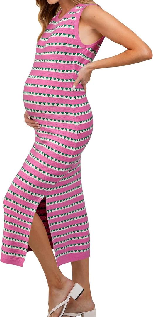 OUGES Women's 2026 Summer Maternity Dress Knit Sleeveless Crewneck Midi Dress Side Slit Striped Bodycon Sweater Dress (M)