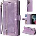 UEEBAI Wallet Case for Samsung Galaxy S25 Ultra 5G, 9 Card Holder Slots Zipper Pocket Handbag Case Magnetic Closure Kickstand with Wrist Strap TPU Shockproof Flip Case for Women - Glitter Purple