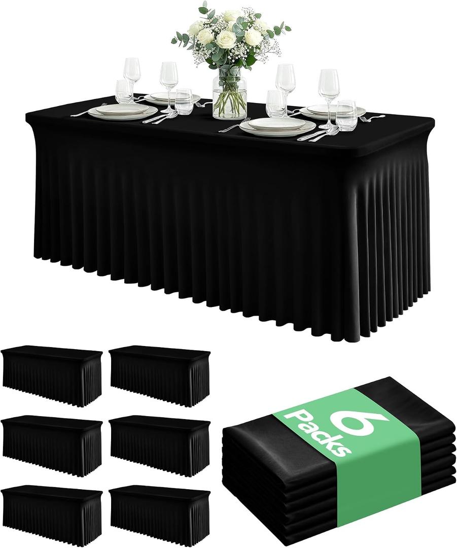 6 Pack Spandex Table Cover Skirts for 6ft Rectangle Tables, Black Stretch Table Cloths with Floor-Length Ruffle, Elastic Fitted Skirted Tablecloth for Elegant Wedding Banquet Party Buffet Decoration