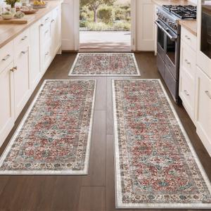 Color&Geometry Vintage Kitchen Rugs Sets of 3, Machine Washable 4mm Ultra Thin Stain Resistant Kitchen Floor Mats, Non Slip TPE Backing Runner for Sink,Hallway,Laundry,Entryway (2x3+2x5+2x7) (24"x36"+24"x60"+24"x84", Boho-terracotta)
