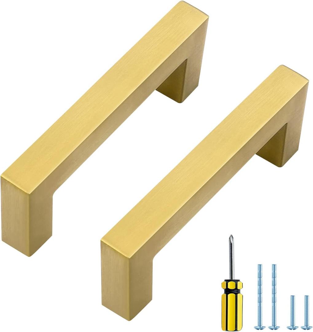Ravinte 20 Pack Gold Cabinet Pulls 3 Inch Brusehed Brass Kitchen Cabinet Handles Gold Square Kitchen Hardware for Cabinet (3 In Hole Center)