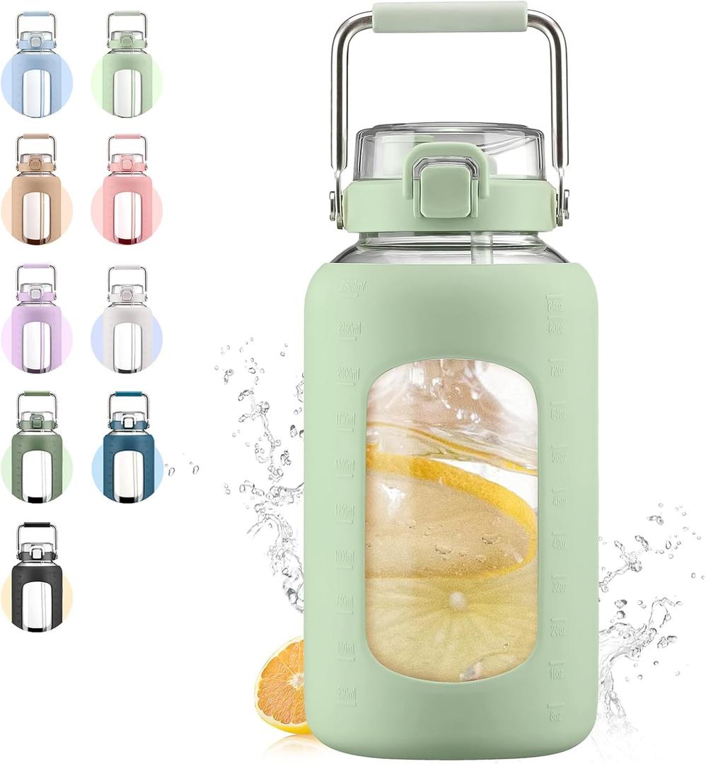 WINSA 84oz Glass Water Bottle with Stainless Steel Handle,2.5L Gallon Water Bottle with 2-IN-1 Straw Lid, Silicone Sleeve and Motivational Capacity Marker, Wide Mouth Water Jug For Gym, Workout, Green