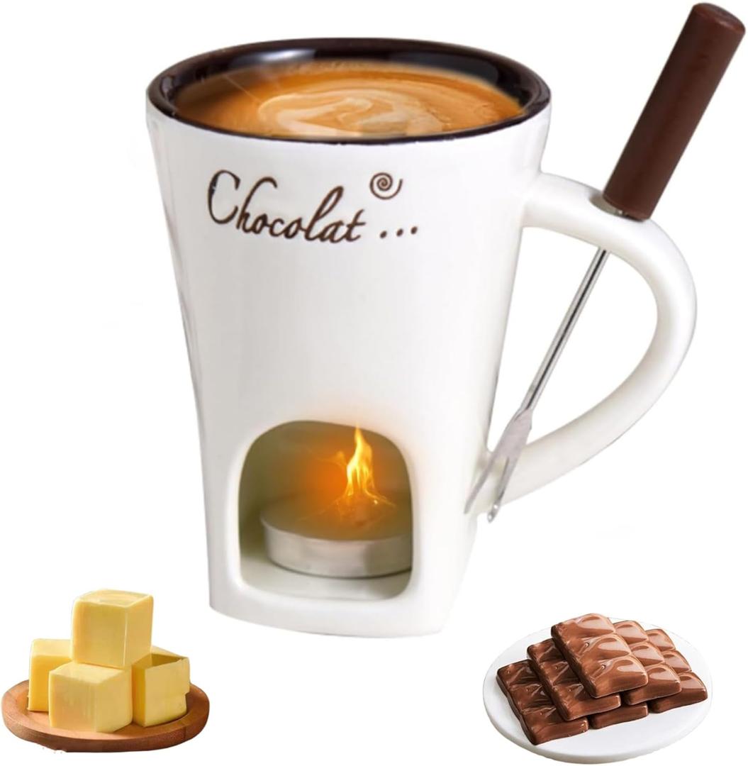 Fondue Cup, Chocolate Melting Fondue Mugs Set of with Forks and Candle, Ceramic Chocolate Melting Cup, Mini Chocolate Fondue Cups Set For Date Night Birthday Wedding Gifts (White)