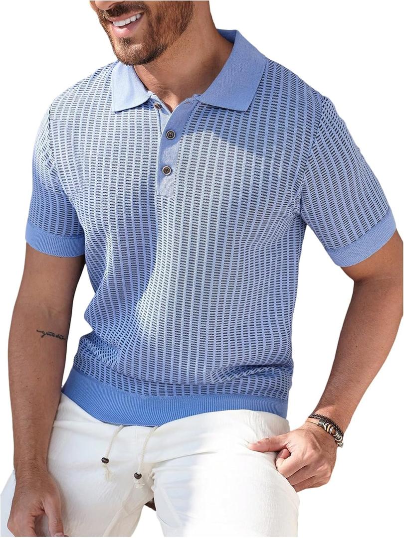 GORGLITTER Men's Button Up Shirt Collared Hollow Out Half Short Sleeve Knitted Street Tops (Blue, Small)