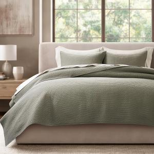 EVERGRACE Cotton Sateen Pick-Stitch Quilt Set King Size – 100% Cotton Lightweight Coverlet Bedding, Pre-Washed Oversized Bedspread, Breathable All-Season Quilt Set with 2 Shams, Eucalyptus Green