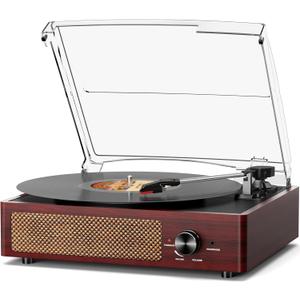 Vinyl Record Player with 2 Stereo Speakers Belt-Driven Vintage Turntables 3 Speed 3 Size Wireless Bluetooth Playback AUX-in RCA Out Headphone LP Vinyl Players Auto Stop Red Wood