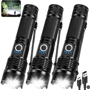 3 Pack Rechargeable Flashlights High Lumens, 99000LM Super Bright LED Flashlight, Adjustable Powerful Flash Light with 5 Modes & USB Cable, Waterproof Handheld Flashlight for Home Camping Outdoor