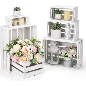 CroBlissful 6 Pcs Decorative Wood Crates for Storage Display Rustic Nesting Crates with Handle Farmhouse Wooden Storage Container Boxes for Wedding Baby Shower Birthday Party(Vintage White)