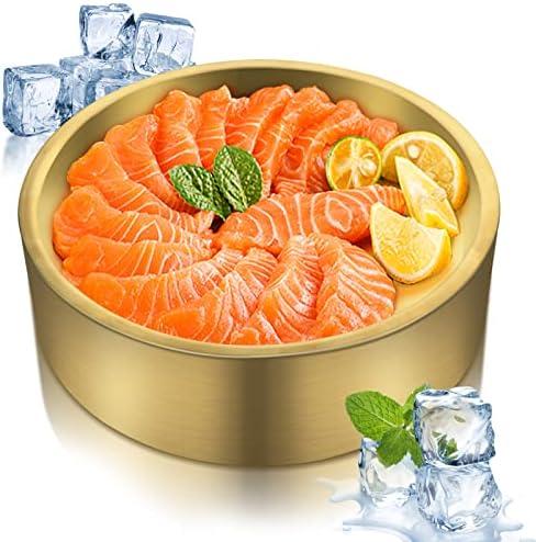 8.5in Gold Stainless Steel Ice Chilled Serving Trays, Appetizer Cold Serving Tray Platter with Ice, Iced Serving Tray for Parties, Cooling Shrimp Cocktail Serving Dish for Food Fruit (Gold)